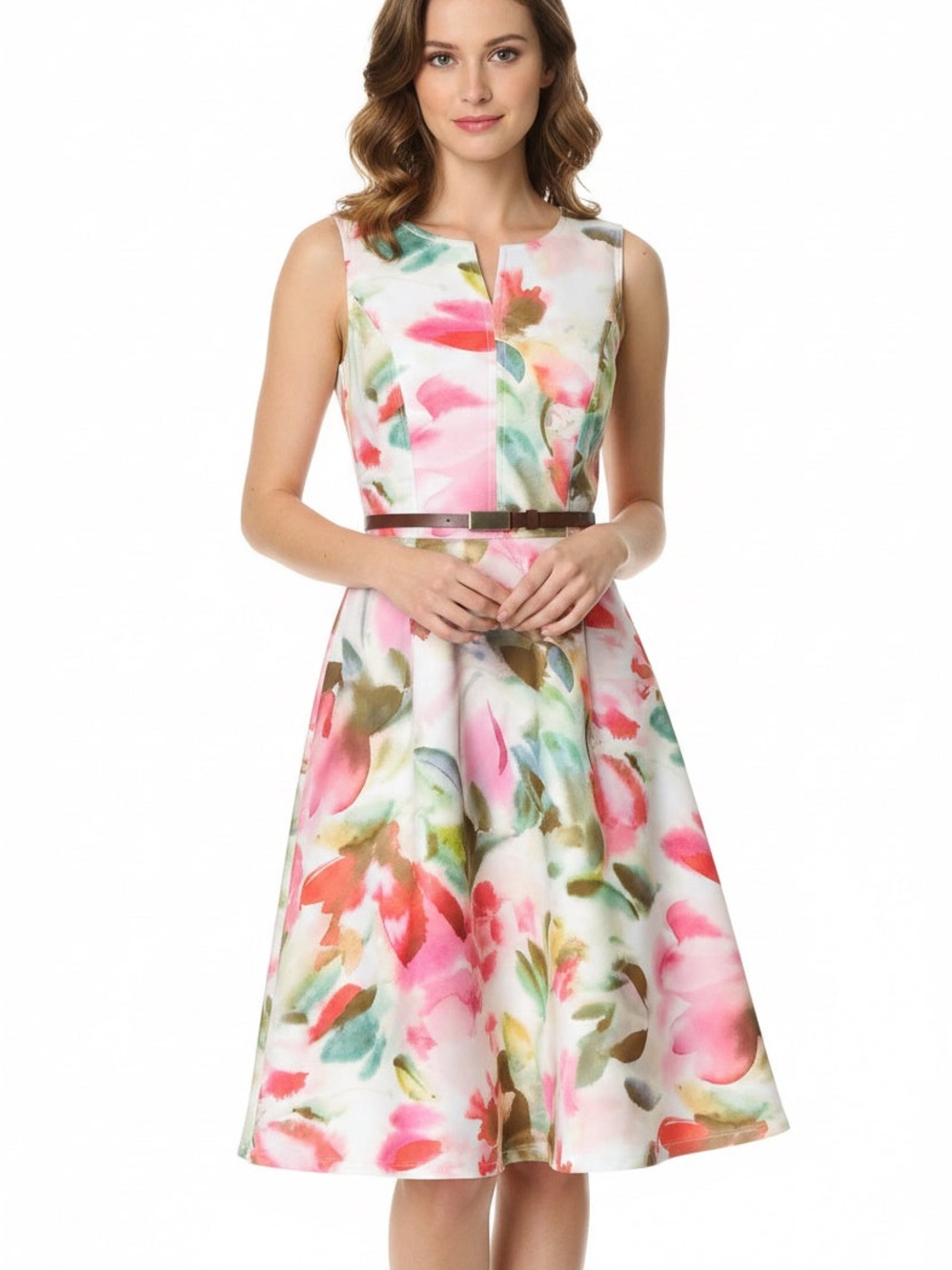 Calvin Klein White Floral Midi Dress with Pink and Green Watercolor Print